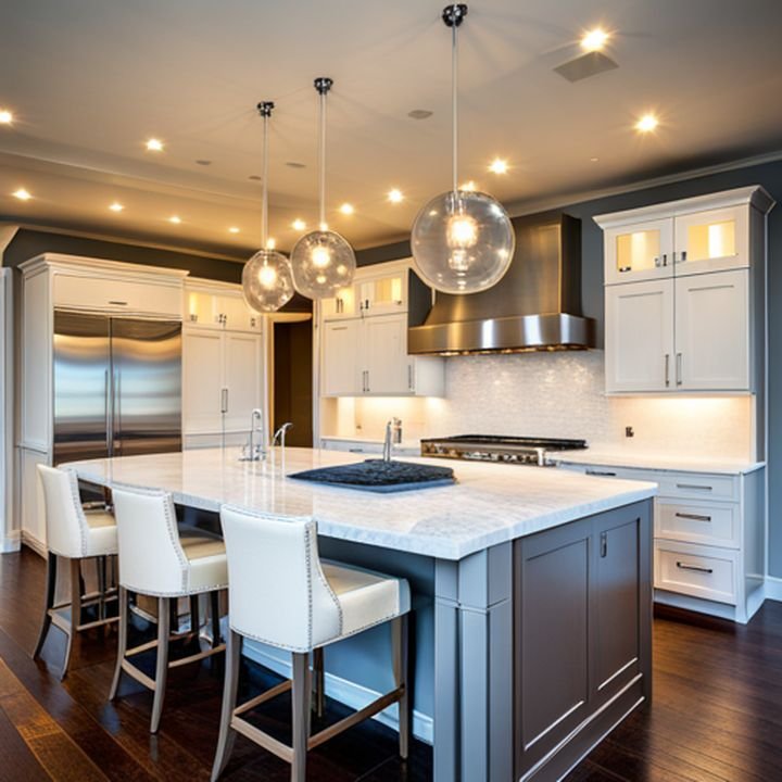 Ámparas colgantes de diseño minimalista iluminan una cocina moderna con tonos blancos y detalles metálicos
