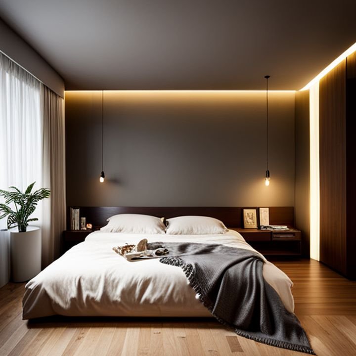 Una lámpara de pie con luz cálida ilumina suavemente la mesita de noche junto a la cama