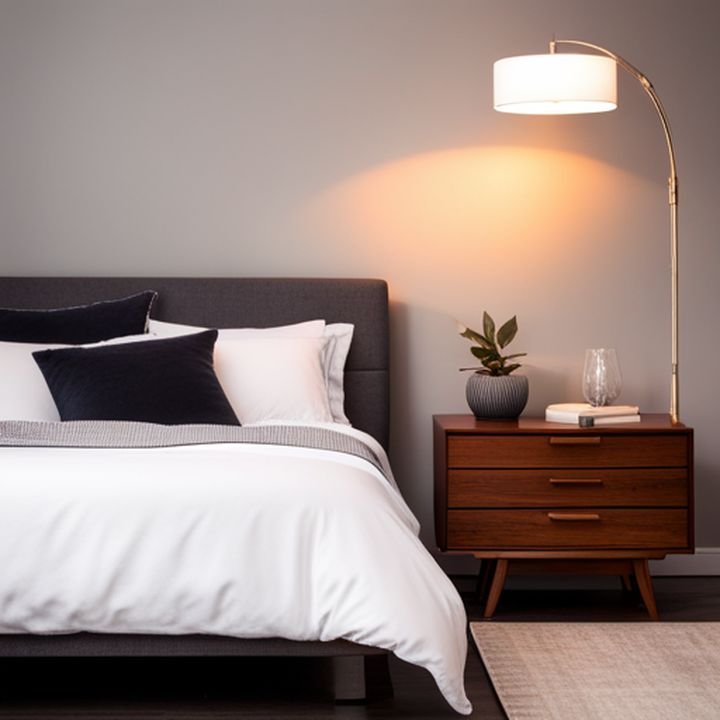 Una foto de una habitación con una lámpara de pie elegante y una lámpara de mesita de noche