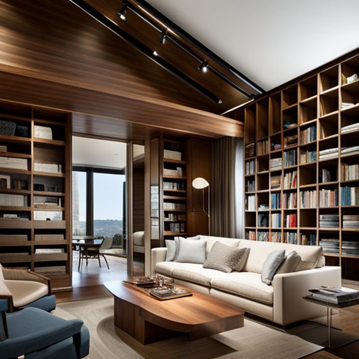 Una imagen de una sala de estar con muebles multifuncionales y estanterías empotradas para maximizar el espacio disponible