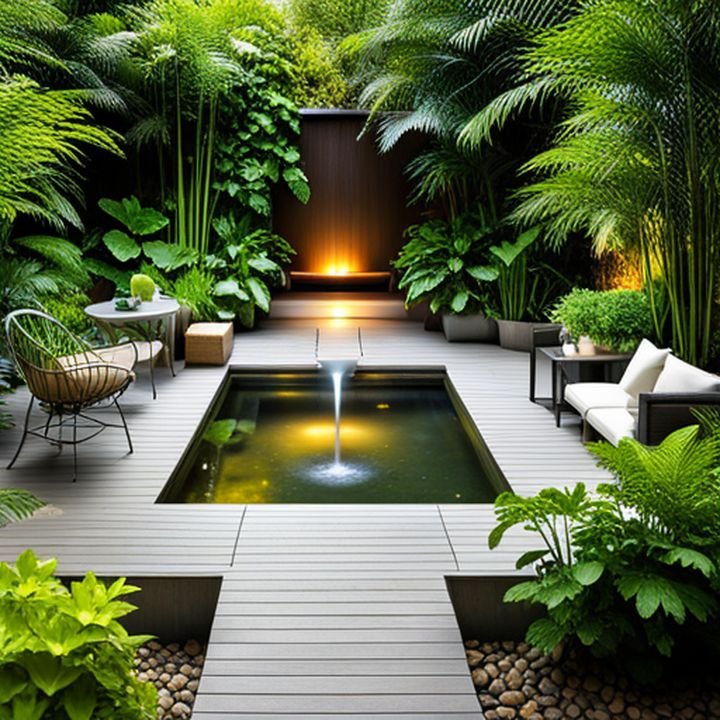 Una foto de un jardín con cómodos muebles de exterior rodeados de plantas exuberantes y una fuente relajante
