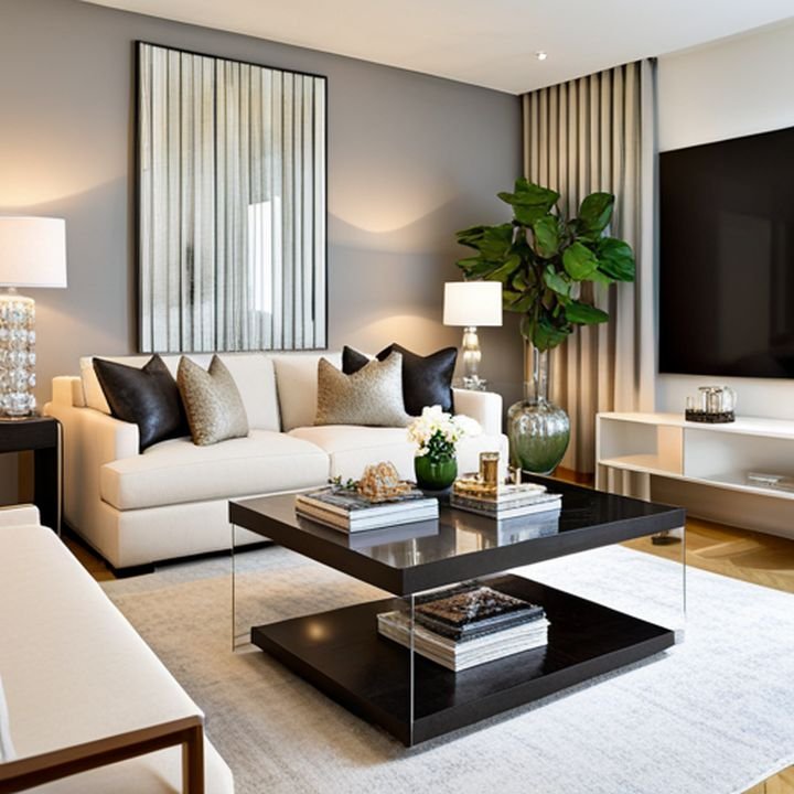 Una sala minimalista con muebles de líneas rectas y colores neutros